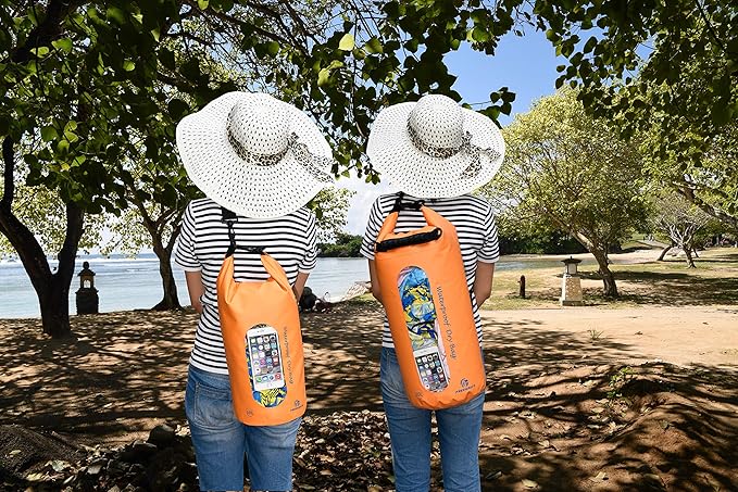 Freegrace Waterproof Dry Bags Set of 3 Dry Bag with 2 Zip Lock Seals & Detachable Shoulder Strap, Waist Pouch & Phone Case - Can Be Submerged Into Water - for Swimming (Orange(Window), 5L)