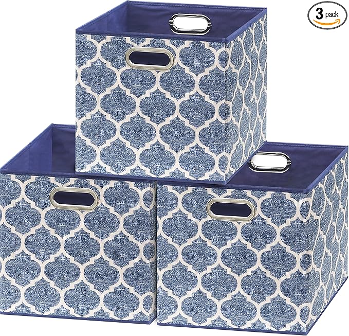 SIMPLE HOUSEWARE 13-Inch Collapsible Fabric Cube Storage Bin with Handles, Printed Design, 3 Pack, Steel Blue