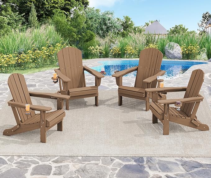 SERWALL Adirondack Chair with Cup Holders - Composite Adirondack Chairs HDPE Outdoor Chairs All Weather Use- Brown