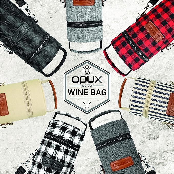 opux Wine Bag Single Bottle Carrier Tote, Insulated Wine Cooler Bag for Travel Picnic Beach with Shoulder Strap, Thermal One Bottle Holder Carrying Case Wine Gift for Women Men, Plaid Buffalo White