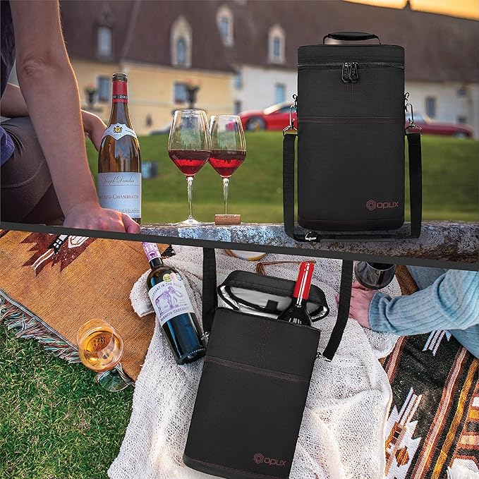 opux 2 Bottle Wine Carrier Tote, Insulated Leakproof Wine Cooler Bag, Wine Travel Bag Tote for Picnic BYOB Beach, Portable Wine Bottle Carrying Case, Gift for Wine Lover Women Men Christmas, Black