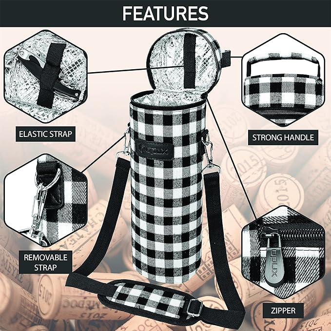 opux Wine Bag Single Bottle Carrier Tote, Insulated Wine Cooler Bag for Travel Picnic Beach with Shoulder Strap, Thermal One Bottle Holder Carrying Case Wine Gift for Women Men, Plaid Buffalo White