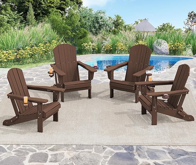 SERWALL Adirondack Chair with Cup Holders - Composite Adirondack Chairs Set of 2 HDPE Outdoor Chairs All Weather Use- Coffee