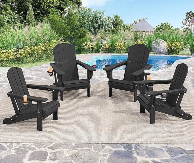 SERWALL HDPE Folding Adirondack Chair with Dual Cup Holder - Composite Adirondack Chair Set of 6- Black