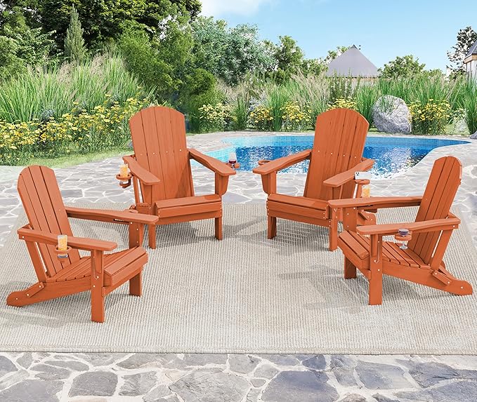 SERWALL Adirondack Chair with Cup Holders - Composite Adirondack Chairs Set of 6 HDPE Outdoor Chairs All Weather Use- Orange